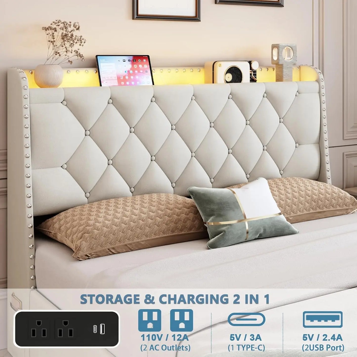 Upholstered Bed Frame With Four Drawers Storage Headboard LED Lights USB