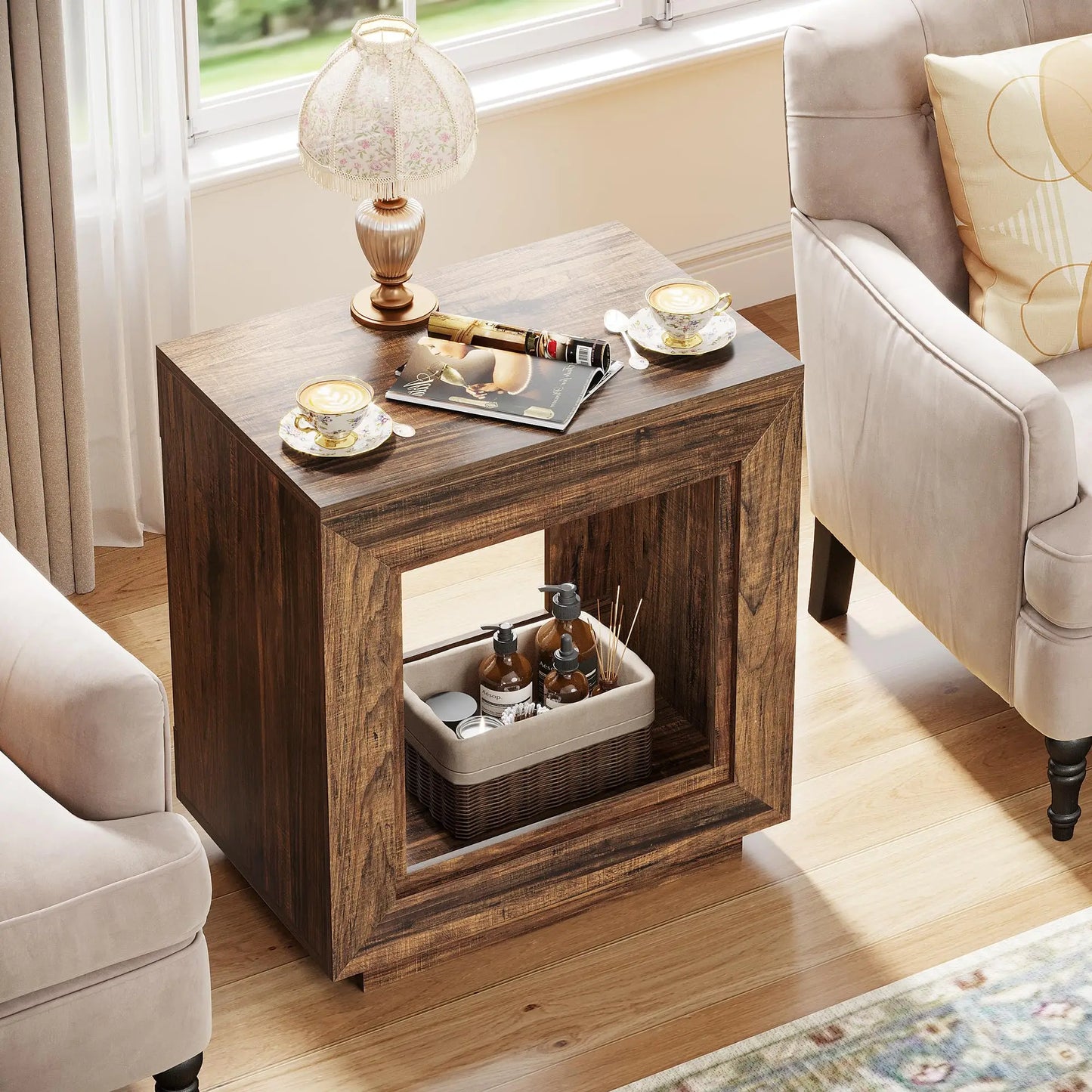 Tribesigns Rustic Wood End Table With Storage Shelf