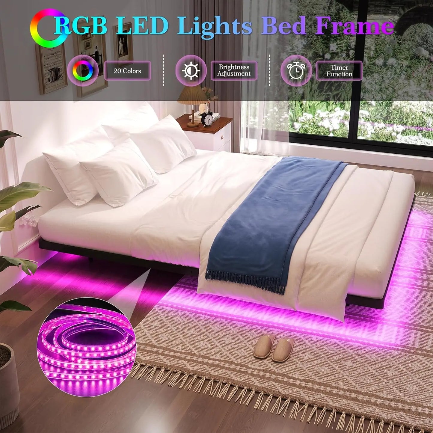 Heavy Duty Metal Floating Bed Frame With Smart LED Lights